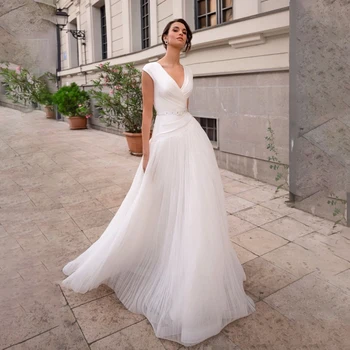 Бяла Сватбена рокля в Изчистен стил с V-образно деколте и влак с колан, Сексуална Сватбена рокля vestidos de noche largos elegantes 2022