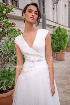 Бяла Сватбена рокля в Изчистен стил с V-образно деколте и влак с колан, Сексуална Сватбена рокля vestidos de noche largos elegantes 2022 Изображение 2