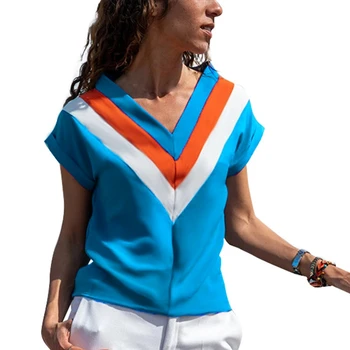 Дамски летни свободна тениска с V-образно деколте и къс ръкав, синя, Размер M
