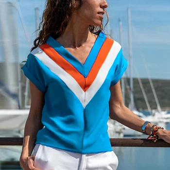 Дамски летни свободна тениска с V-образно деколте и къс ръкав, синя, Размер M Изображение 2