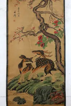 Антични китайски каллиграфическая рисувани QingDynasty ръчна изработка - Елен, декоративни стенописи, занаяти /колекция и декорации