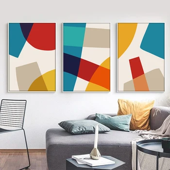 Абстрактен Геометричен Плакат Цветни Блокове Платно Картина Стенен Арт Принт Интериор на Хола Картини за Естетична Стая