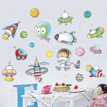 Карикатура Космически Астронавт Планета Стенен Декор Етикети За Стаята на Момчетата Vinyl Детска Спалня Стенни Картини САМ Лепилото за Тапети Свалящ Стикер