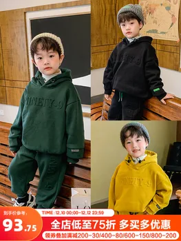 Топло hoody с подплата отвътре за момчета, така и спортни панталони, Комплект от две части, Зимни детски дрехи в корейски стил среден размер