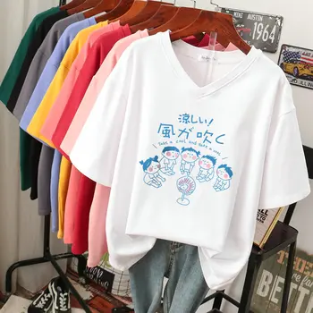 EBAIHUI 100% Памук Тениска M-6XL, Тениска с японския Аниме, Дамски Топ с Къс Ръкав, Лятна Двойка, Тениски с V-образно деколте Оверсайз