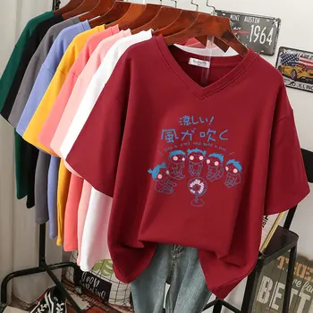 EBAIHUI 100% Памук Тениска M-6XL, Тениска с японския Аниме, Дамски Топ с Къс Ръкав, Лятна Двойка, Тениски с V-образно деколте Оверсайз Изображение 2