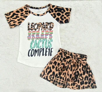 модерен летен костюм за момичета, риза raglan с букви и леопардовые къси панталони, комплект с колан, висококачествени дрехи за малките момичета