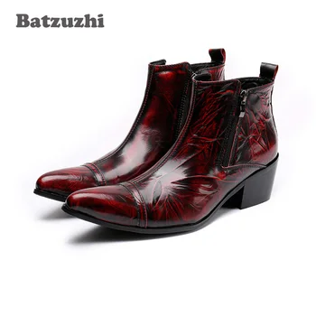 Batzuzhi/кожени мъжки обувки на ток 6,5 см, за мъже модела обувки с остър бомбе, мъжки червените булчински обувки на висок Ток, Botas Hombre