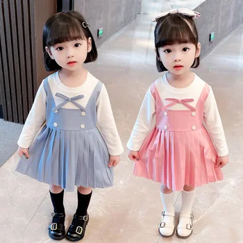 Пролетта и есента рокля-пуловер с дълги ръкави за момичета, детски ежедневни пола в западен стил, детско корейска рокля със средна дължина за момичета