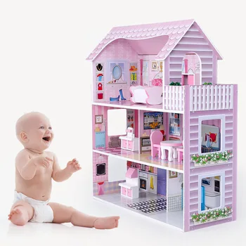 2021 Горещи Продажба На 3 Етажа Момичета Направи Си Сам Играят Ролеви Игри Детски Дървени Куклени Къщи За Момичета Изображение 2