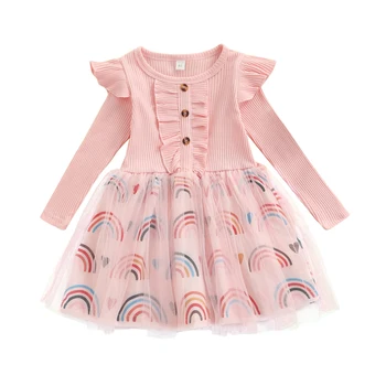 Ежедневна рокля с дълъг ръкав за момиченце, Модерно рокля Трапецовидна Форма от Вкара Прежди с розови Принтом