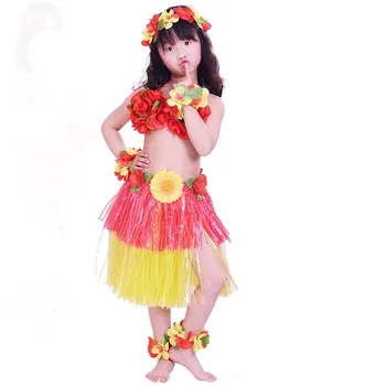 40 см За Момичета Хавайски Luau Хула Трева Пола Цвете Костюм Комплект за Танцово Представяне на Вечерни Украса на Коледа, Хелоуин