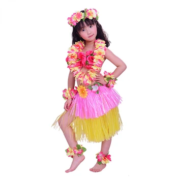 40 см За Момичета Хавайски Luau Хула Трева Пола Цвете Костюм Комплект за Танцово Представяне на Вечерни Украса на Коледа, Хелоуин Изображение 2