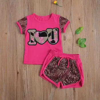 Детски комплект от две части, детска Риза с кръгло деколте и Къси ръкави в тон с пайети Костюм с Къси панталонки за Бебета, Нов Стил 2021