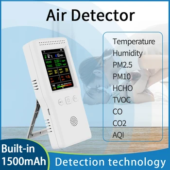 Детектор на Качеството на въздуха Цифров LCD дисплей ФПЧ2.5 PM10 HCHO TVOC CO CO2 AQI Измерване на Температура и Влага, Сензори на Монитора в реално време Изображение 2