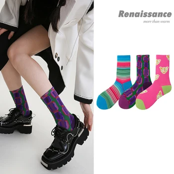 WYXCEN, 3 чифта/комплект, дамски чорапи в розово ивица, Чорапи със средна дължина, женски чесаные Памучни Чорапи Ins, Индивидуалност, Марка приливи и отливи, Нови Дамски чорапи