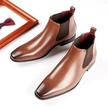 Елегантни мъжки обувки Мъжки Ботильоны От естествена кожа Прости класически мъжки модел обувки Челси Vinage Официалната бизнес луксозни обувки