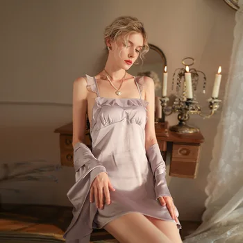 Нова нощница, пижама, романтична рокля на бретелях от ледената коприна с рюшами, чисто желание, изкушение, домашна нощница, комплект Изображение 2