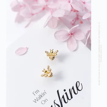 MloveAcc 100% 925 Твърди Истинско Сребро, Злато Цвят на Малки Пчелите CZ Обеци-Розово за Момичетата За Жени, Бижута, Сребърни Бижута Изображение 2