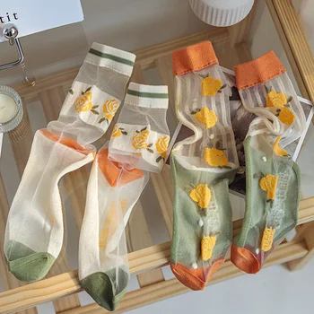 Оранжево Лято Прозрачни Стъклени Чорапи Дамски Чорапи Универсалните Модни Цветни Чорапи