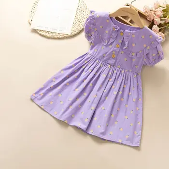 Лятото лилава рокля за малки момичета в корейски стил с цветен модел и кръгло деколте, ежедневното модно празнична рокля на принцеса, детски дрехи