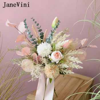 JaneVini Елегантни Розови Сватбени Букети Ръчно Изработени Bloemen Bruiloft Сватбени Копринени Рози Корейски Букет На Булката 2021