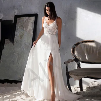Сватбени рокли Трапецовидна форма 2022 Булката За Жени, Елегантни рокли Robe De Mariée Mariage Bride Vestido с v-образно деколте и Аппликацией Дължина до пода