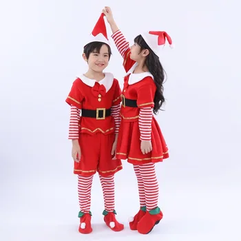2021 Червен Коледен Костюм на Елф за Момичета, Празничен Костюм на Дядо Коледа за момчета и Момичета, Коледна детски дрехи, Маскарадное Рокля, Коледна премяна Изображение 2