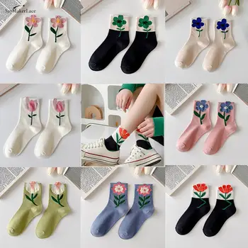 Дамски Чорапи В Японски Корейски Стил, Cartoony Цвете, Карамел Цвят, Harajuku Kawaii, Чорапи Със Средна Дължина Дишащи Ежедневни Къси Чорапи