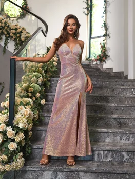 Angel-fashions Женствена рокля без презрамки с контрастиращи мрежа, отворена на гърба, намаляване на бедрата, с пайети, вечерна Рокля, Елегантна Сватбена рокля за гости