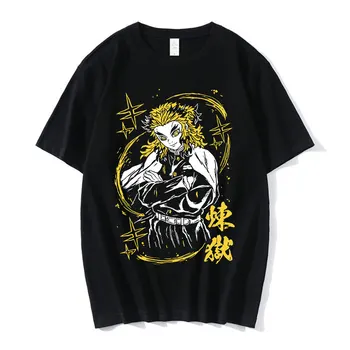 Японското Аниме Demon Slayer Rengoku Тениска С Графичен Принтом Мъжки Дамски тениска Манга Kimetsu No Yaiba Тениски Негабаритная Градинска Облекло