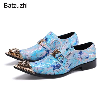 Batzuzhi/сини модела обувки от естествена кожа с остър метално бомбе, мъжки маркови Нови обувки-oxfords без закопчалка, вечерни/Сватбени Zapatos Hombre