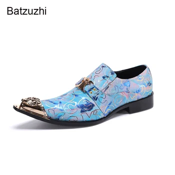 Batzuzhi/сини модела обувки от естествена кожа с остър метално бомбе, мъжки маркови Нови обувки-oxfords без закопчалка, вечерни/Сватбени Zapatos Hombre Изображение 2