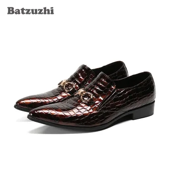 Batzuzhi/ Луксозни модни мъжки модел обувки; кожени модела обувки с остър пръсти; слипоны вино-червено; вечерни и булчински обувки; мъжки Zapatos