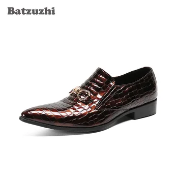 Batzuzhi/ Луксозни модни мъжки модел обувки; кожени модела обувки с остър пръсти; слипоны вино-червено; вечерни и булчински обувки; мъжки Zapatos Изображение 2