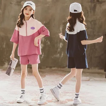 Летни комплекти дрехи за малките момичета, тениска с цип + Къси панталони, ежедневни модерна училищна дрехи за момичета, костюм от 3 до 12 години, 2 цвята