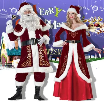 M-XXXL 2019 Нова Луксозна Кадифена Коледен Костюм на Дядо Коледа За Възрастни, Мъжки Костюм, ръкавици + шал + шапка + дрехи + колан + калъф за крака + ръкавици