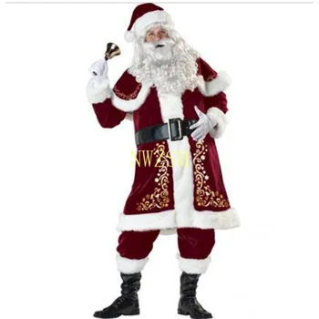 M-XXXL 2019 Нова Луксозна Кадифена Коледен Костюм на Дядо Коледа За Възрастни, Мъжки Костюм, ръкавици + шал + шапка + дрехи + колан + калъф за крака + ръкавици Изображение 2