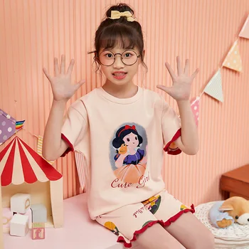 Детски пижамные комплекти за момичета, летни тънки памучни комплекти с къси ръкави в стил принцеса с герои от анимационни филми, един сладък комплект за деца, дрехи за рожден ден Изображение 2