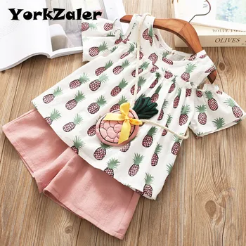 YorkZaler/Нов Комплект дрехи за момичета с торба, Тениска с ананас + Шорти, Сарафан за Момичета, Костюм 2019, Модерен и Стилен