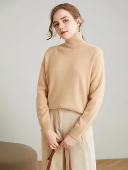 Дебели вълнен пуловер с висока воротом, женски есенно-зимния пуловер, пуловер с дълги ръкави, свободна и тънка вълнена долна риза Изображение 2