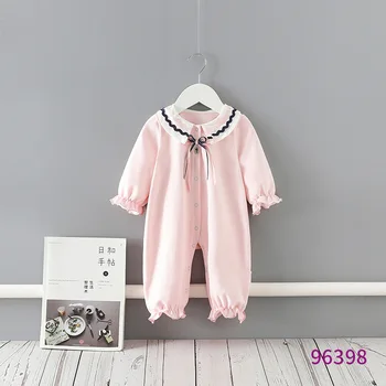 Мода Момиче Пролет Сладко Розово Лък Възел Гащеризон Гащеризон детски дрешки рокля Памучни Дрехи костюм на новороденото бебе гащеризон