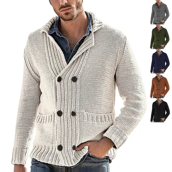 2021 Европейски и американски есенно-зимния нов пуловер, жилетка, мъжка мода, однотонное вязаное палто с ревера и дълъг ръкав