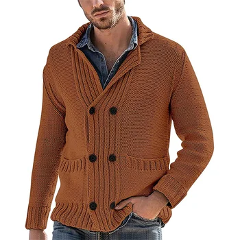 2021 Европейски и американски есенно-зимния нов пуловер, жилетка, мъжка мода, однотонное вязаное палто с ревера и дълъг ръкав Изображение 2