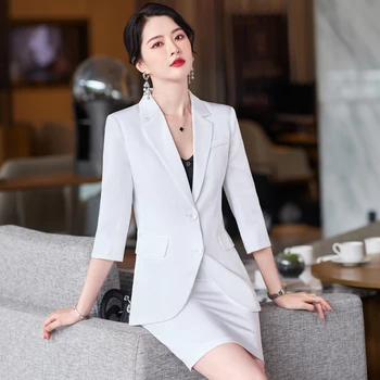 Корейски пролетен костюм голям размер, офис женски бизнес костюми с бели причините, официално професионални рокля, работно облекло, Светло-син костюм, полата