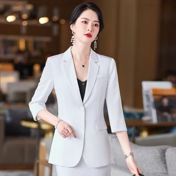 Корейски пролетен костюм голям размер, офис женски бизнес костюми с бели причините, официално професионални рокля, работно облекло, Светло-син костюм, полата Изображение 2