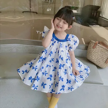 Дрехи за момичета, модно принцеса рокля с цветен модел, летни рокли-фенери с къси ръкави от 2 до 7 години, Beibei, ежедневни качествени детски дрехи Изображение 2