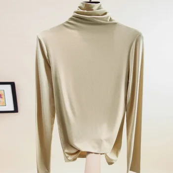 Однотонная памучен тениска пролет-есен женска тениска с високо воротом, риза 2022 сив цвят Изображение 2