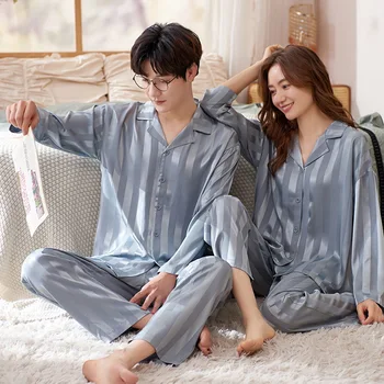 Ледена коприна двойка пижам дамски мъжки и многопластова памучен домашно облекло с дълги ръкави костюм пижами удобен топ и панталон комплект