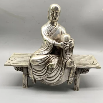 Художествена Колекция На Стария Тибет Сребърен Буда, Който Седи На Една Пейка Скулптура, Начало Декор На Антична Статуя На Будизма Украшение